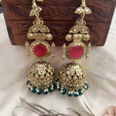 Vriksham Meera Antique Temple Red Stone Stud With Green Bead Drops Long Jhumka With Earchain-G20161